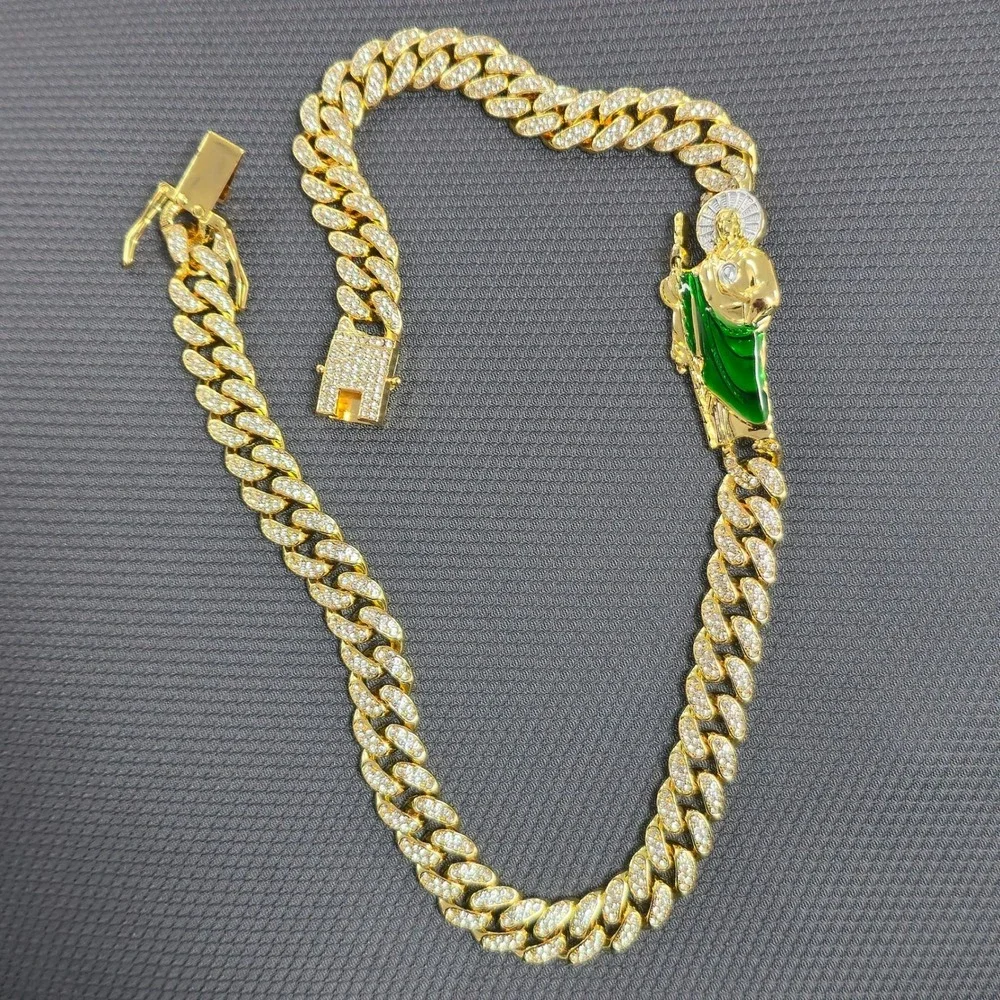 Gold Iced Out Cuban Link Chain San Judas Saint Jude Pendant Necklace 20 Inch New